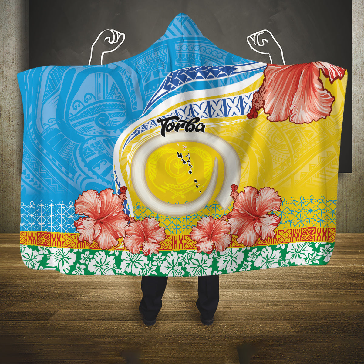 Torba Vanuatu Hooded Blanket Hibiscus Sand Drawing with Pacific Pattern LT9 One Size Green Gold - Polynesian Pride