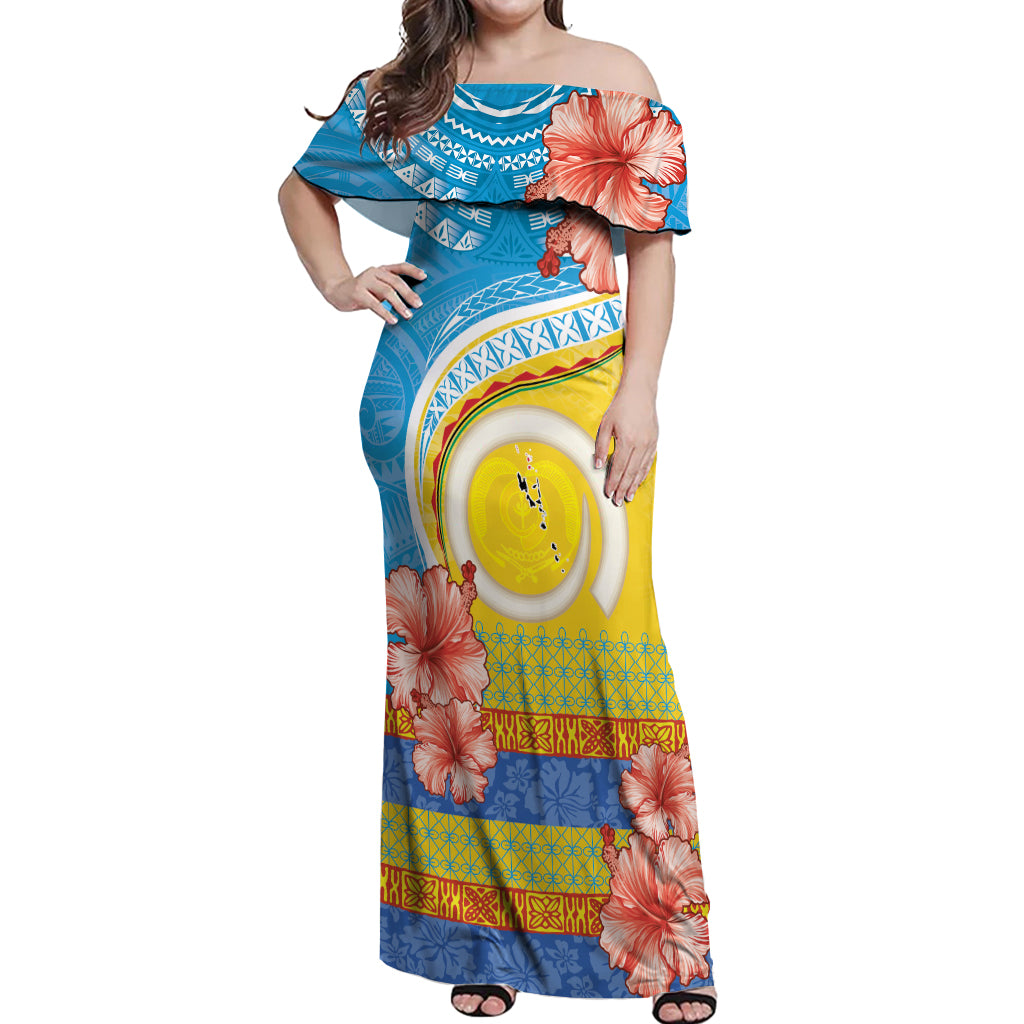 Torba Vanuatu Off Shoulder Maxi Dress Hibiscus Sand Drawing with Pacific Pattern LT9 Women Green Gold - Polynesian Pride