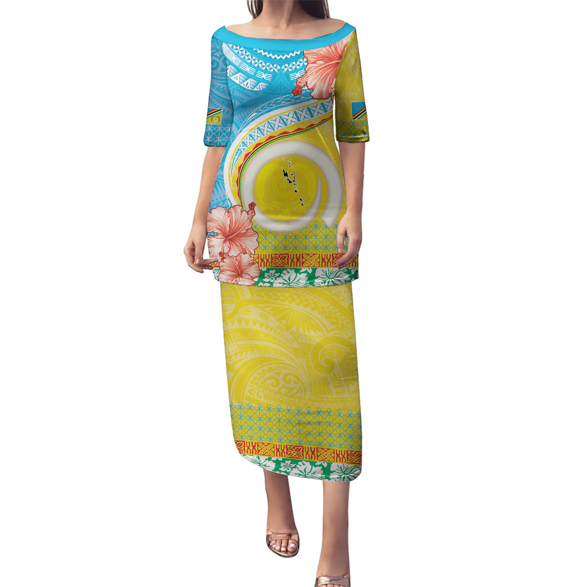 Torba Vanuatu Puletasi Hibiscus Sand Drawing with Pacific Pattern LT9 Long Dress Green Gold - Polynesian Pride
