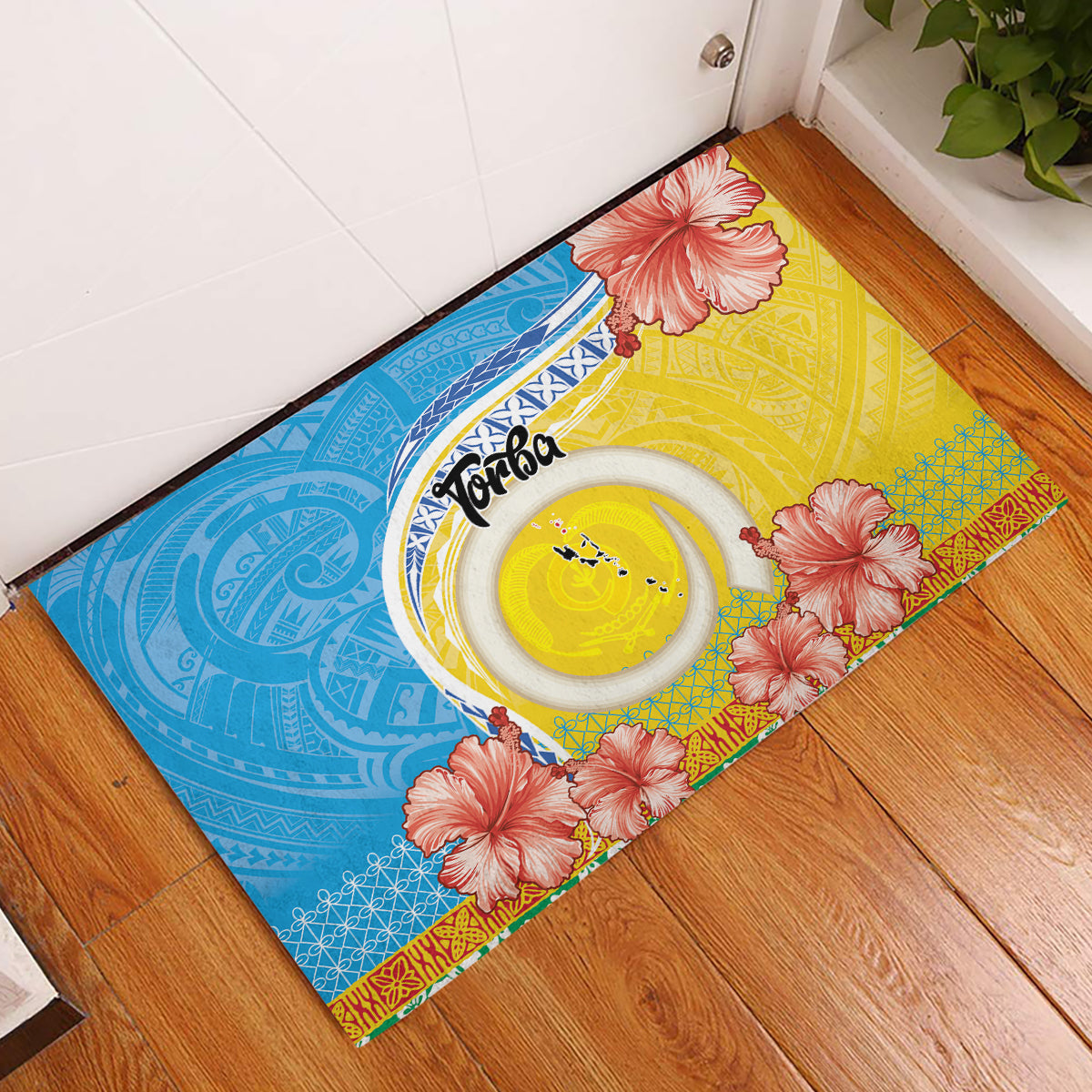 Torba Vanuatu Rubber Doormat Hibiscus Sand Drawing with Pacific Pattern LT9 Green Gold - Polynesian Pride