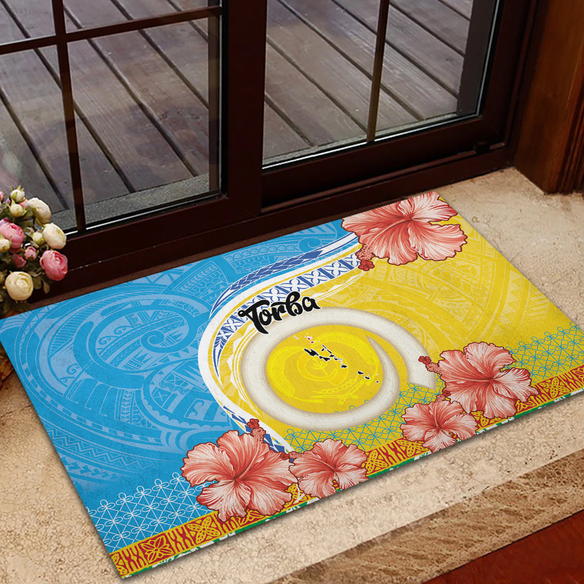 Torba Vanuatu Rubber Doormat Hibiscus Sand Drawing with Pacific Pattern LT9 - Polynesian Pride