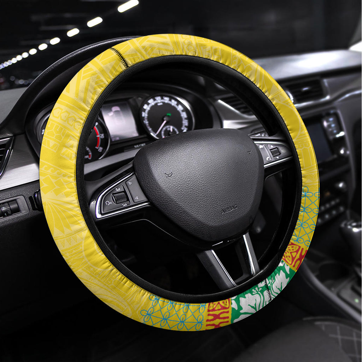 Torba Vanuatu Steering Wheel Cover Hibiscus Sand Drawing with Pacific Pattern LT9 Universal Fit Green Gold - Polynesian Pride