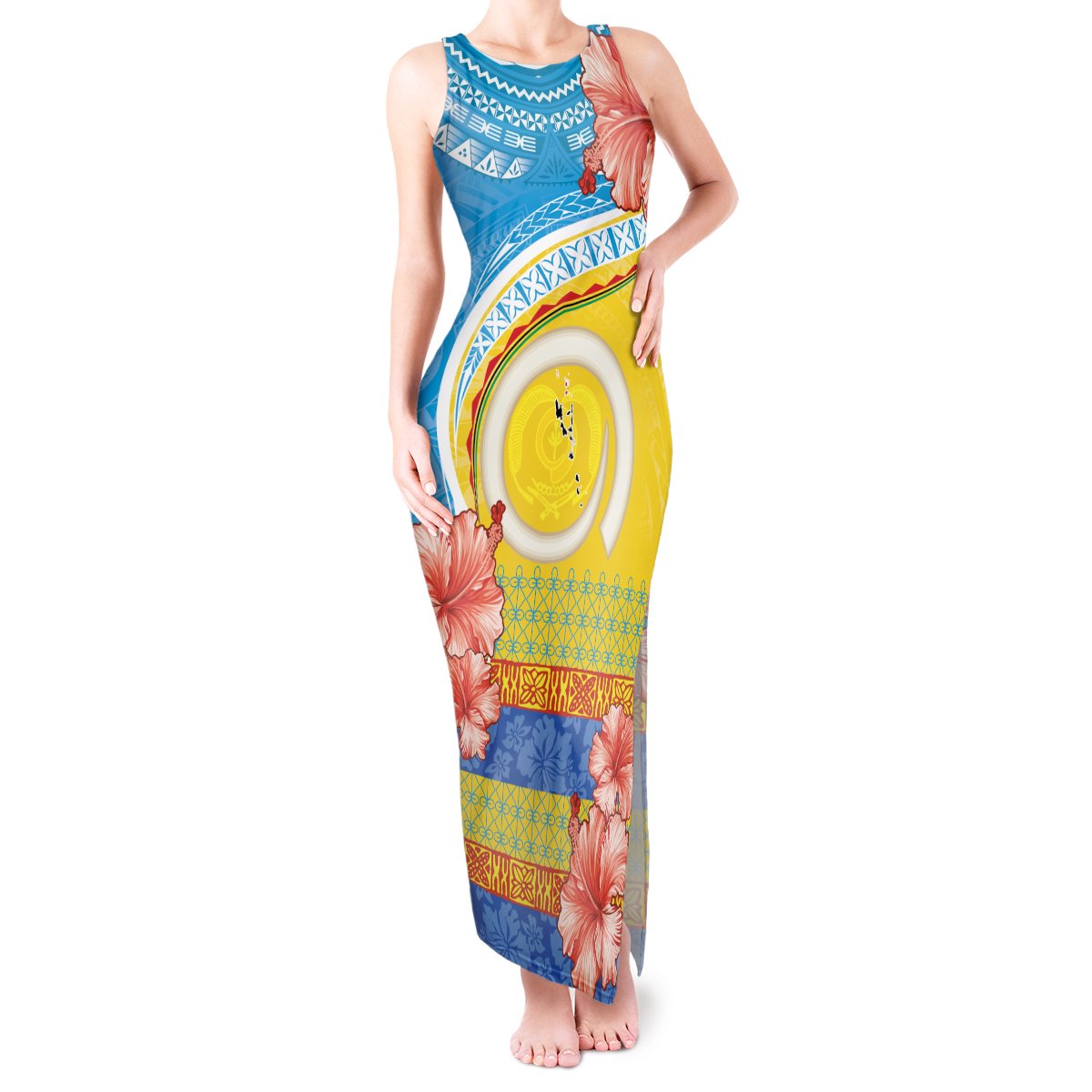 Torba Vanuatu Tank Maxi Dress Hibiscus Sand Drawing with Pacific Pattern LT9 Women Green Gold - Polynesian Pride