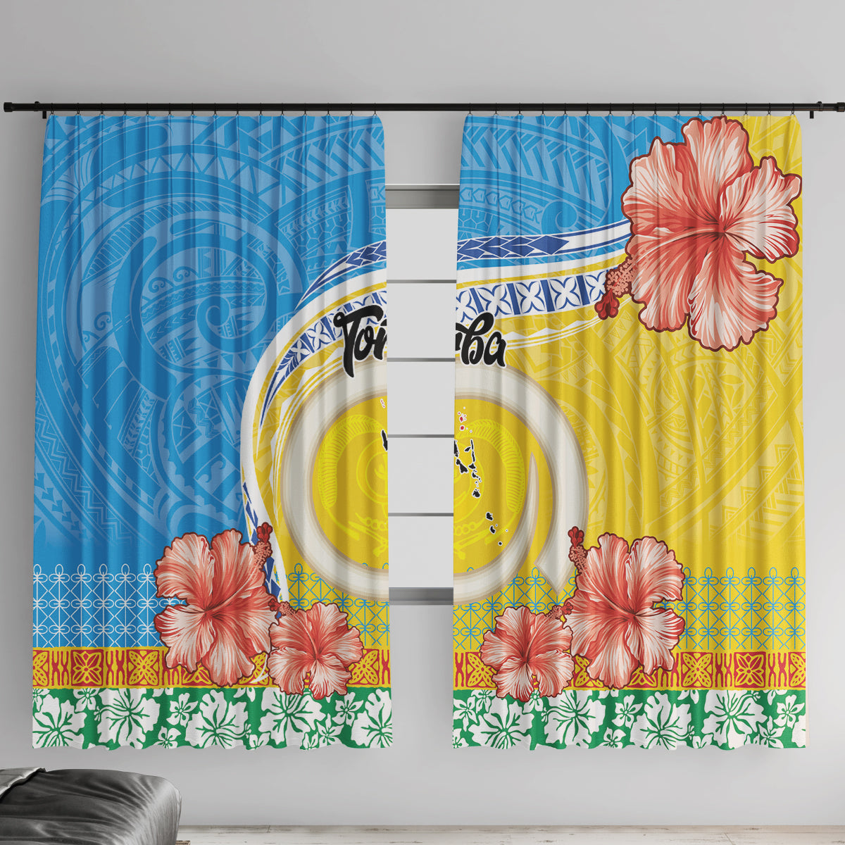 Torba Vanuatu Window Curtain Hibiscus Sand Drawing with Pacific Pattern LT9 With Hooks Green Gold - Polynesian Pride