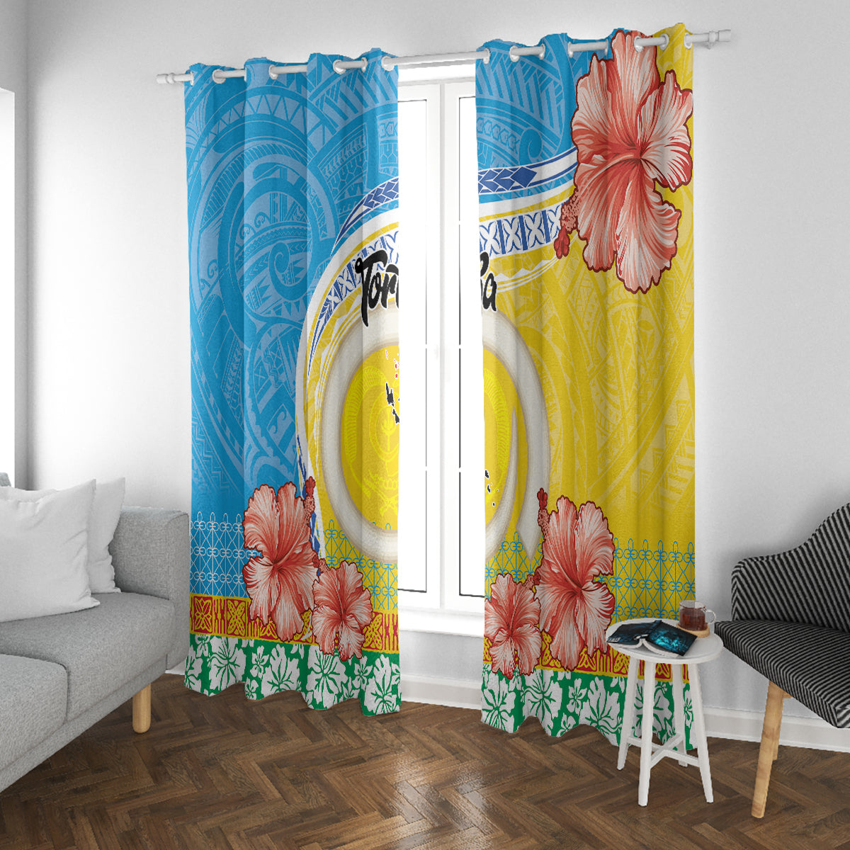 Torba Vanuatu Window Curtain Hibiscus Sand Drawing with Pacific Pattern LT9 With Grommets Green Gold - Polynesian Pride