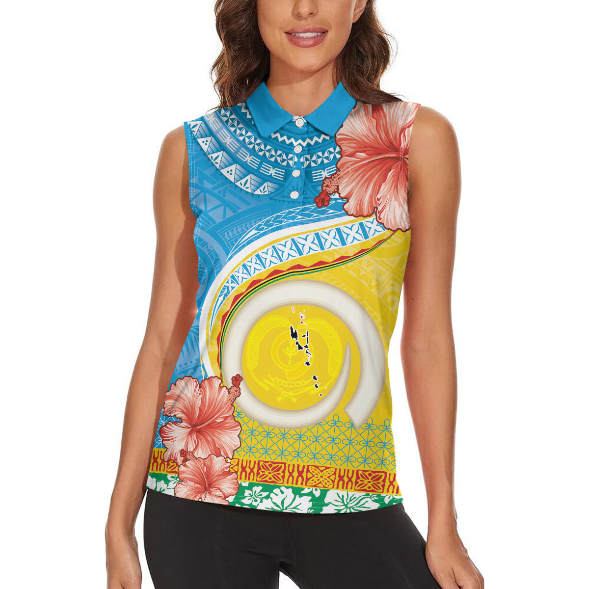 Torba Vanuatu Women Sleeveless Polo Shirt Hibiscus Sand Drawing with Pacific Pattern