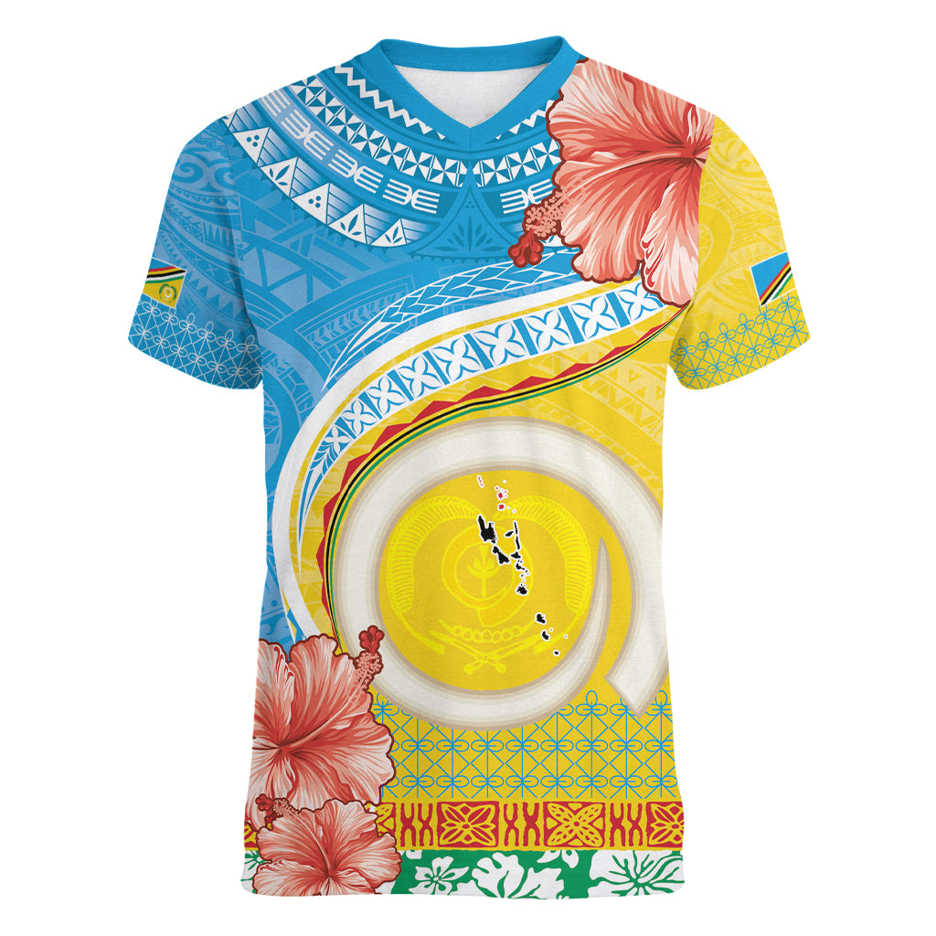 Torba Vanuatu Women V-Neck T-Shirt Hibiscus Sand Drawing with Pacific Pattern