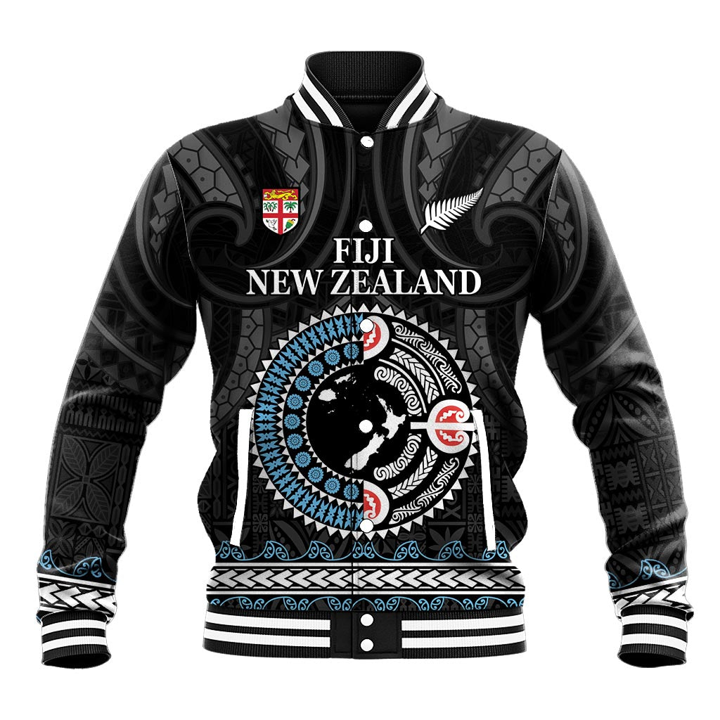 Custom Fiji and New Zealand Baseball Jacket Maori Fern Mix Tapa Tribal Unique