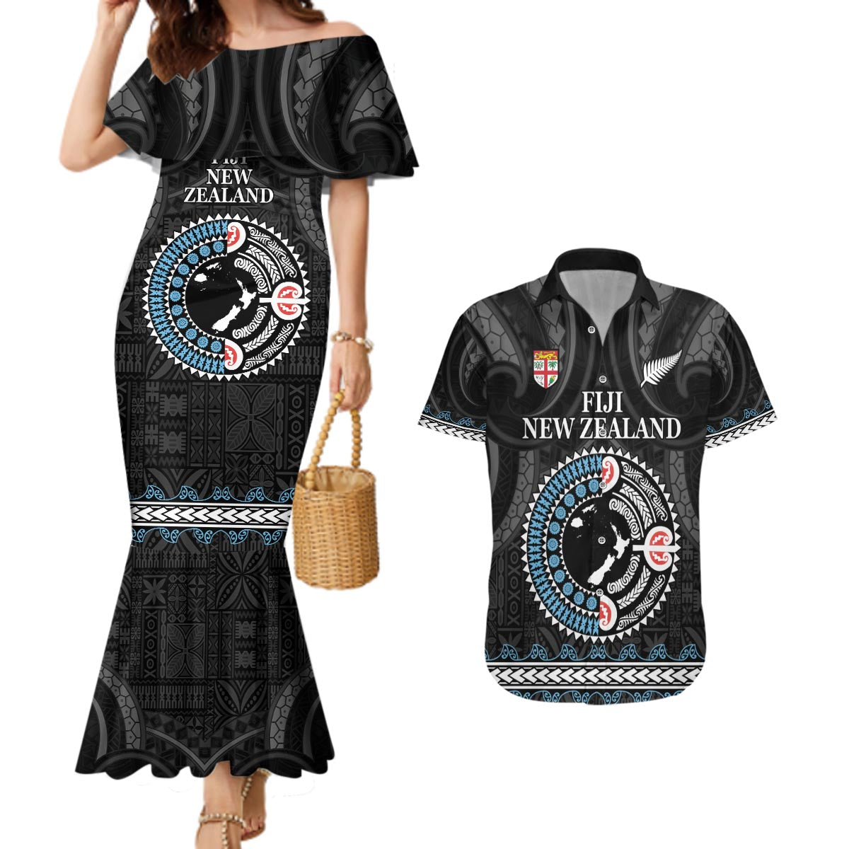 Custom Fiji and New Zealand Couples Matching Mermaid Dress and Hawaiian Shirt Maori Fern Mix Tapa Tribal Unique