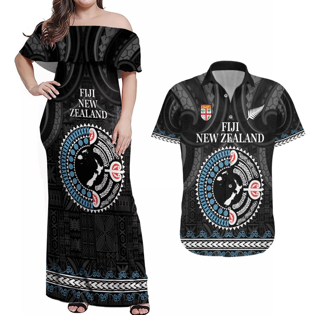 Custom Fiji and New Zealand Couples Matching Off Shoulder Maxi Dress and Hawaiian Shirt Maori Fern Mix Tapa Tribal Unique