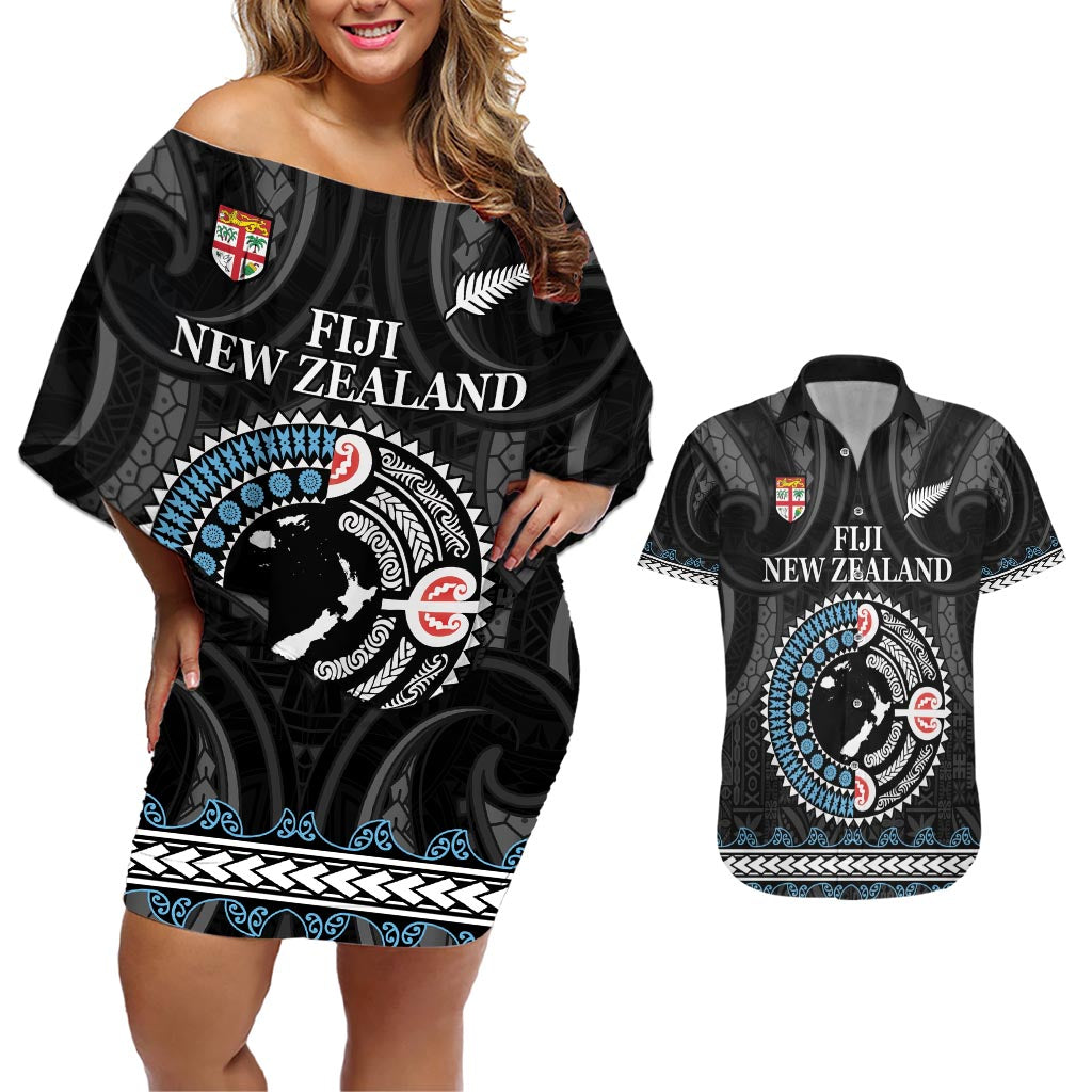 Custom Fiji and New Zealand Couples Matching Off Shoulder Short Dress and Hawaiian Shirt Maori Fern Mix Tapa Tribal Unique