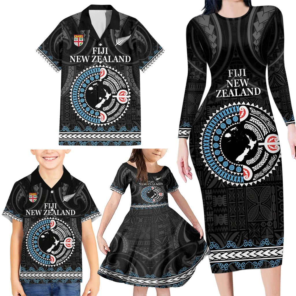 Custom Fiji and New Zealand Family Matching Long Sleeve Bodycon Dress and Hawaiian Shirt Maori Fern Mix Tapa Tribal Unique