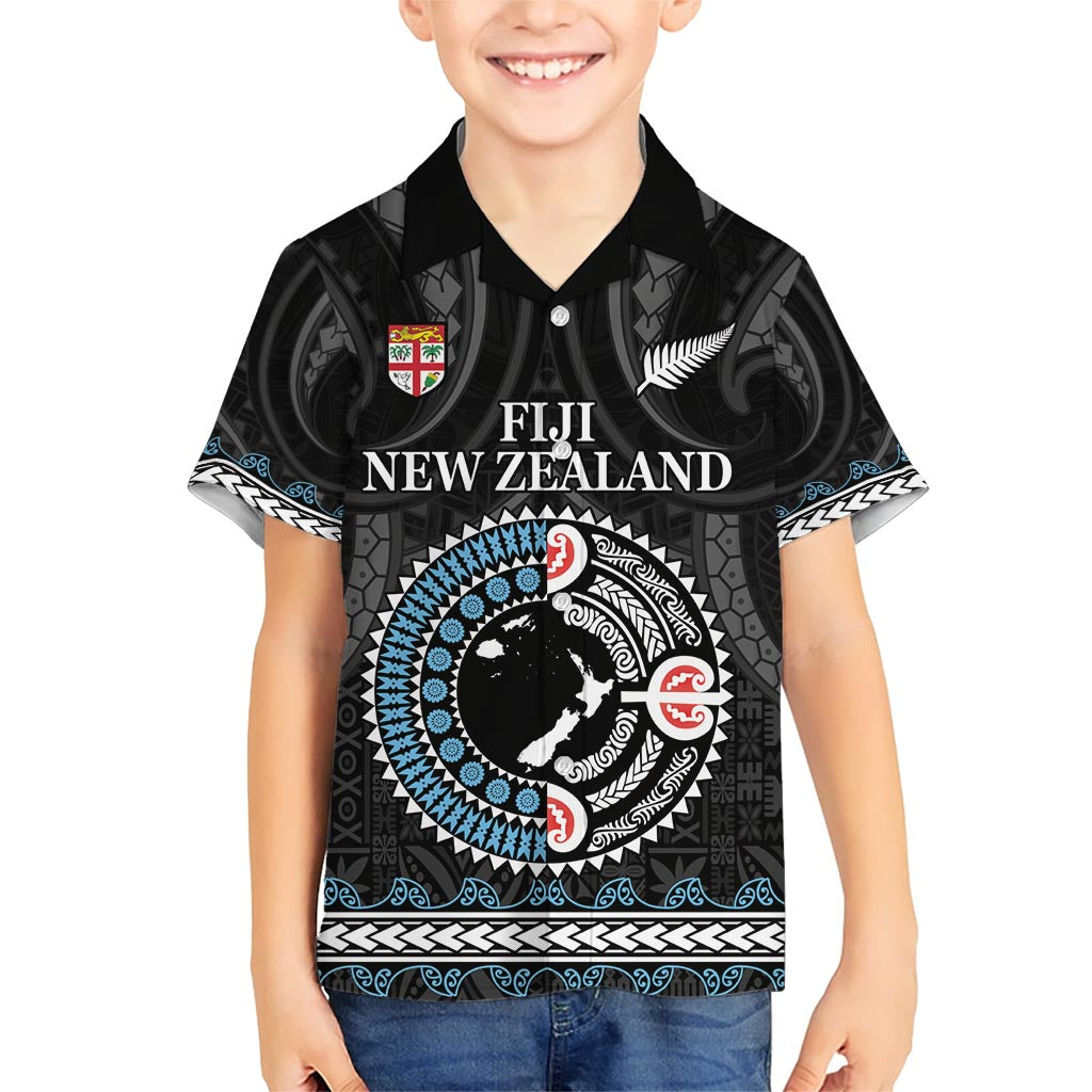 Custom Fiji and New Zealand Kid Hawaiian Shirt Maori Fern Mix Tapa Tribal Unique