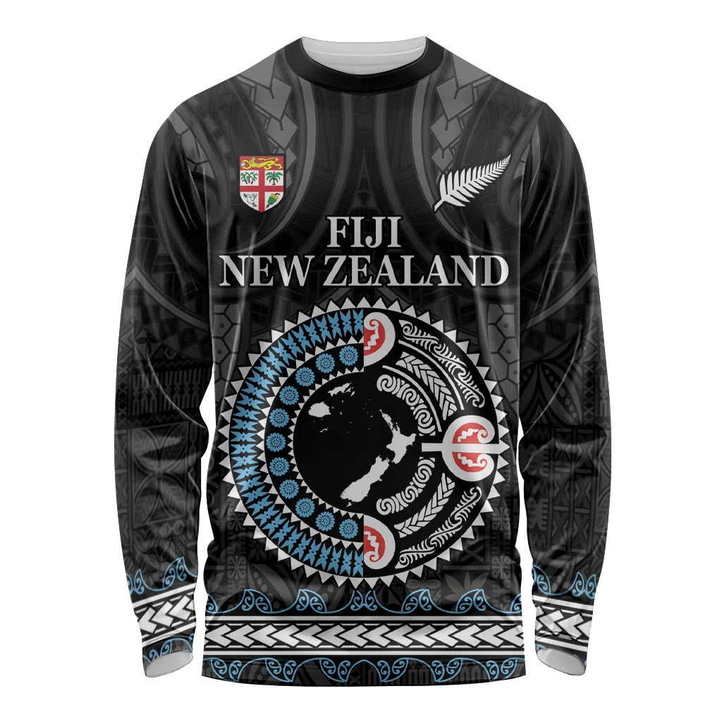 Custom Fiji and New Zealand Long Sleeve Shirt Maori Fern Mix Tapa Tribal Unique