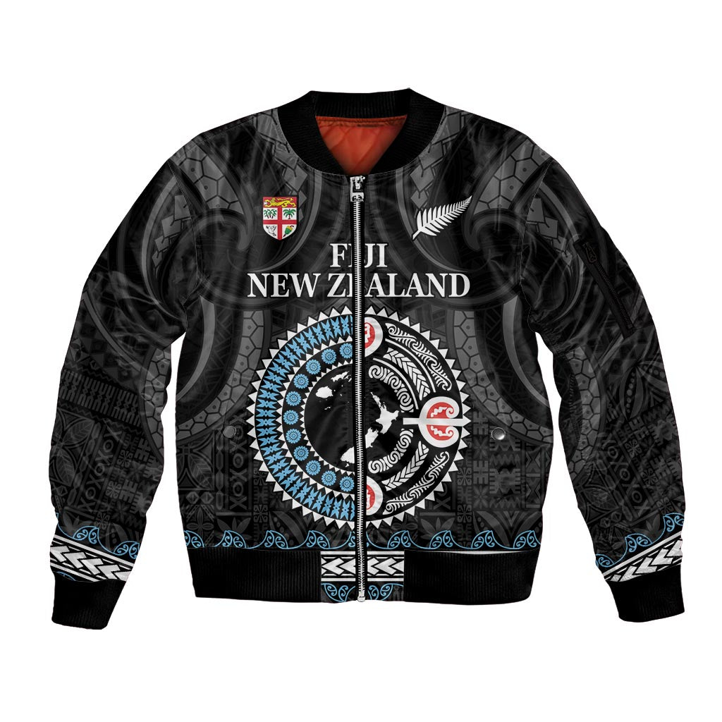 Custom Fiji and New Zealand Sleeve Zip Bomber Jacket Maori Fern Mix Tapa Tribal Unique