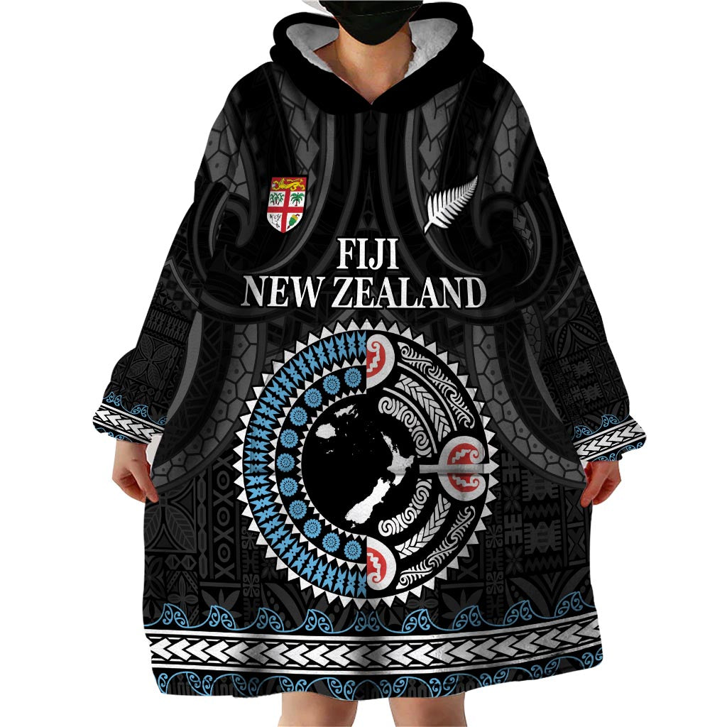 Custom Fiji and New Zealand Wearable Blanket Hoodie Maori Fern Mix Tapa Tribal Unique