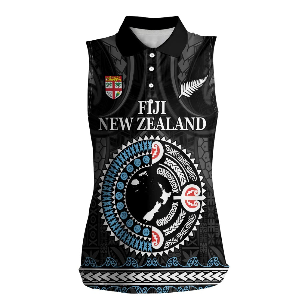 Custom Fiji and New Zealand Women Sleeveless Polo Shirt Maori Fern Mix Tapa Tribal Unique