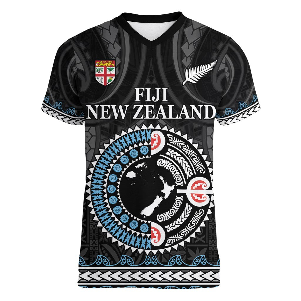 Custom Fiji and New Zealand Women V-Neck T-Shirt Maori Fern Mix Tapa Tribal Unique