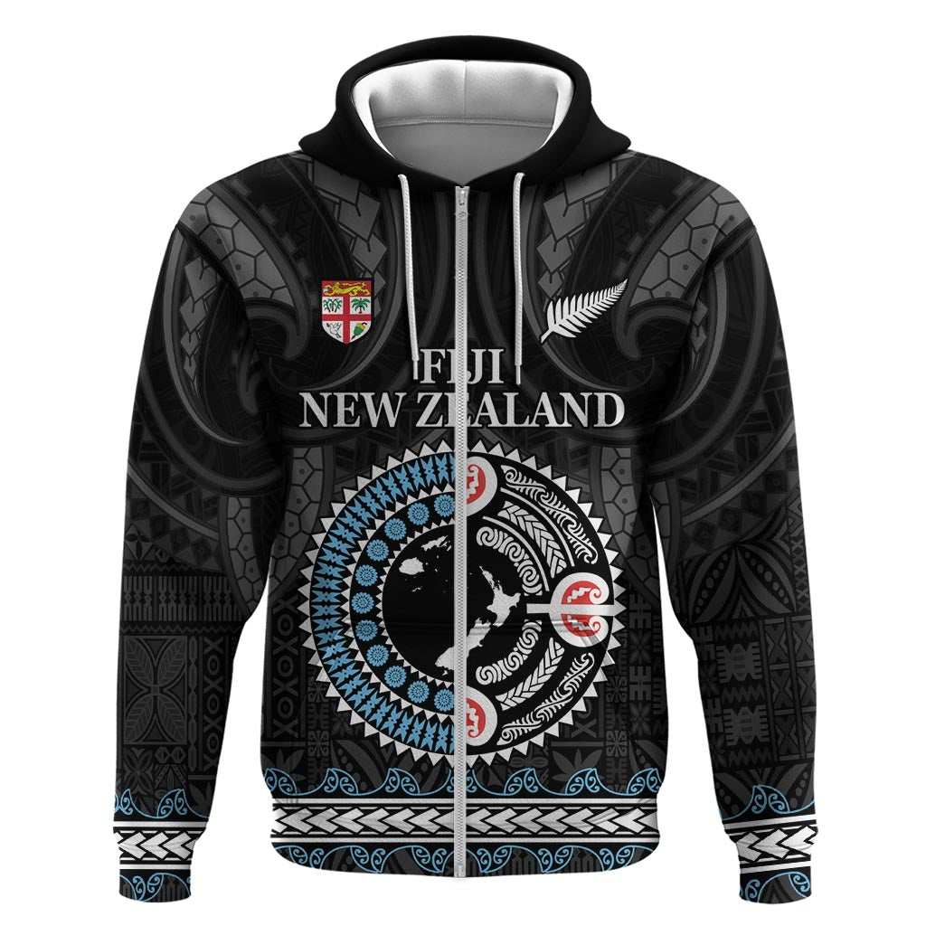 Custom Fiji and New Zealand Zip Hoodie Maori Fern Mix Tapa Tribal Unique