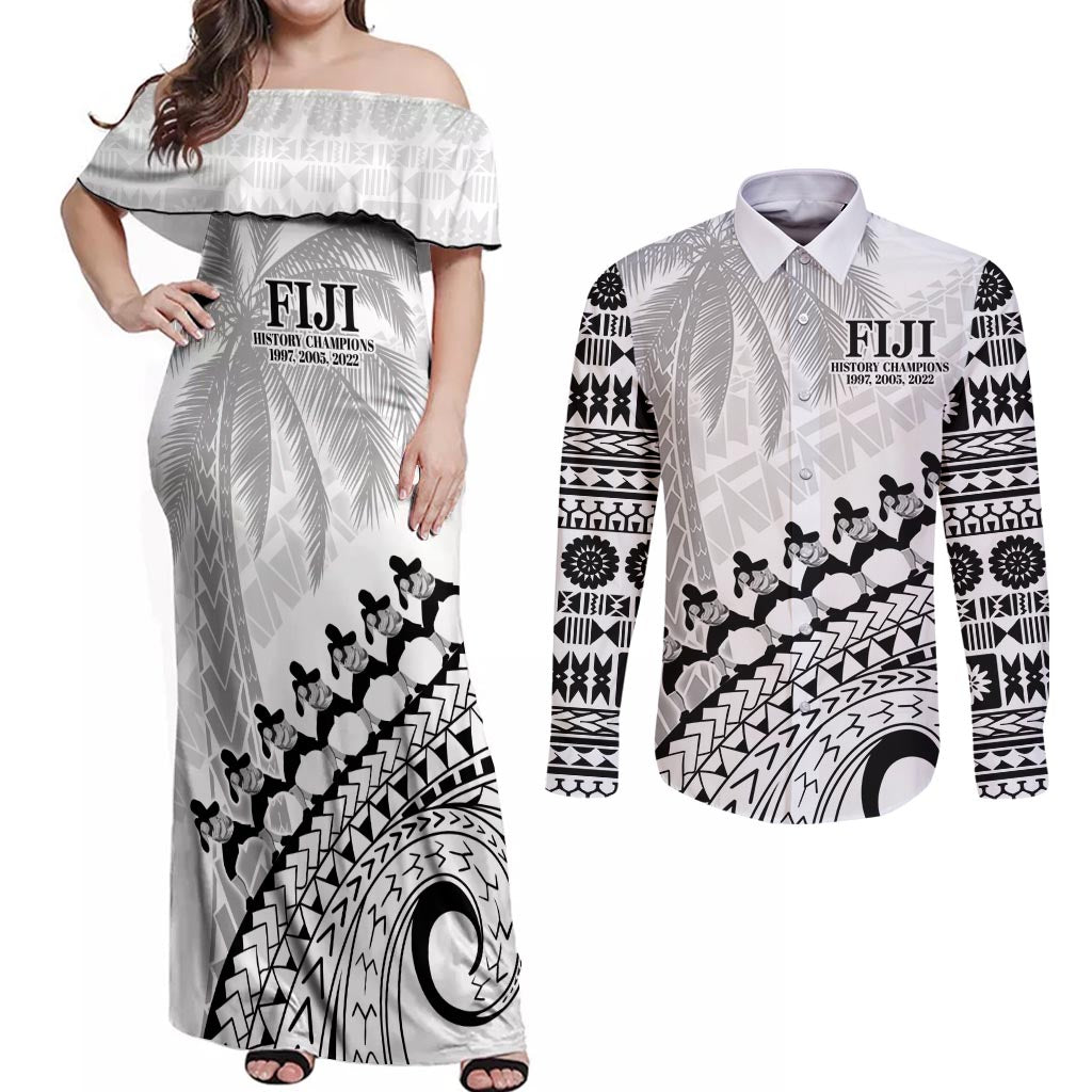 Custom Fiji Rugby Cibi Dance Couples Matching Off Shoulder Maxi Dress and Long Sleeve Button Shirt Create History World Cup Sevens