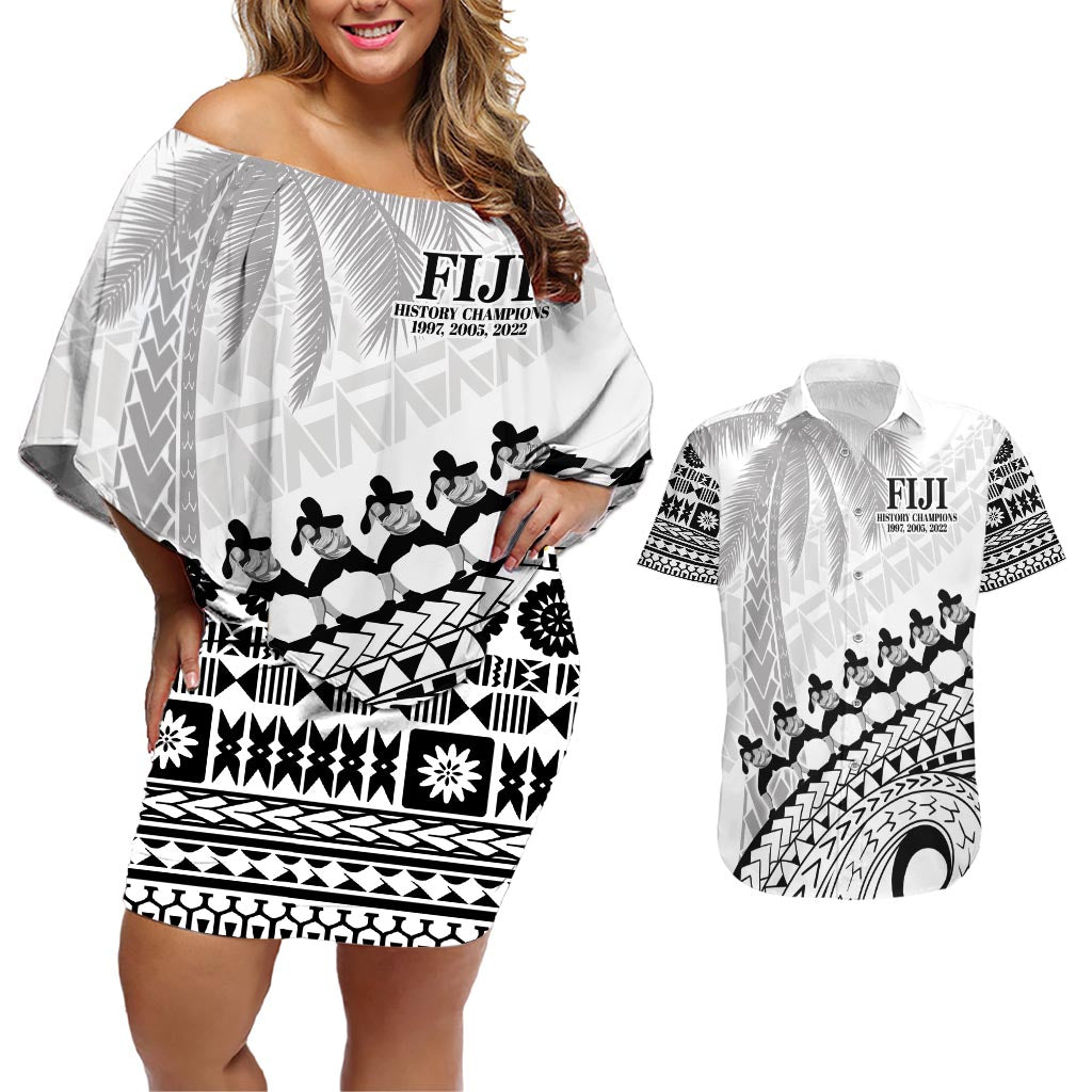 Custom Fiji Rugby Cibi Dance Couples Matching Off Shoulder Short Dress and Hawaiian Shirt Create History World Cup Sevens