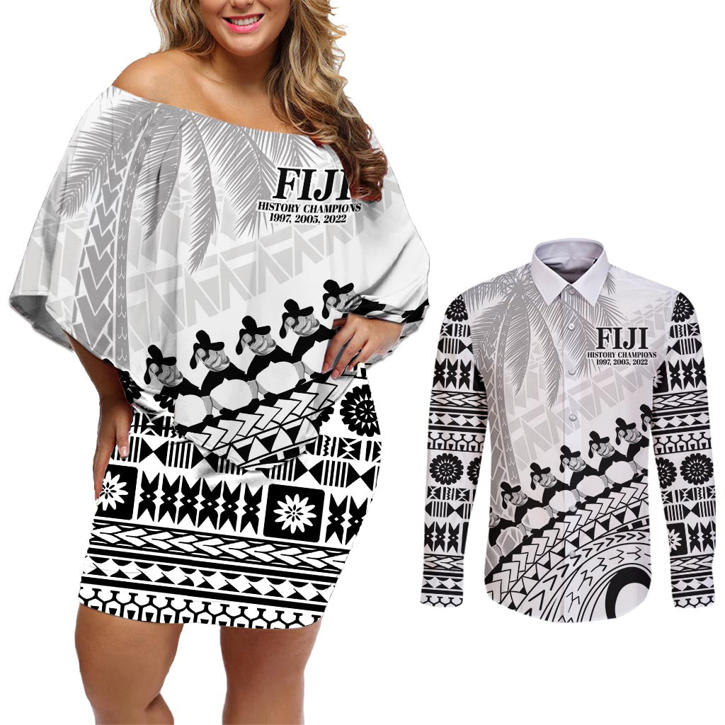 Custom Fiji Rugby Cibi Dance Couples Matching Off Shoulder Short Dress and Long Sleeve Button Shirt Create History World Cup Sevens