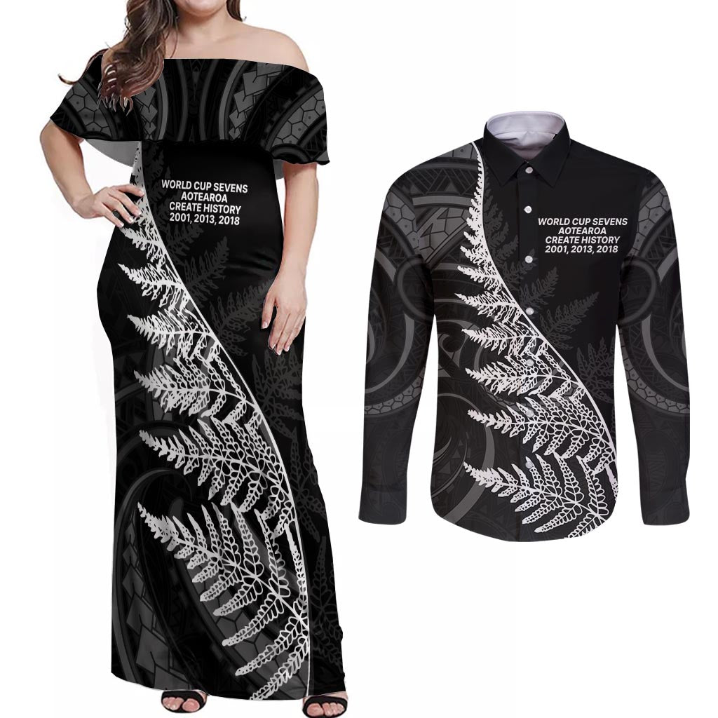 New Zealand Black Fern 7s Couples Matching Off Shoulder Maxi Dress and Long Sleeve Button Shirt History World Cup Sevens