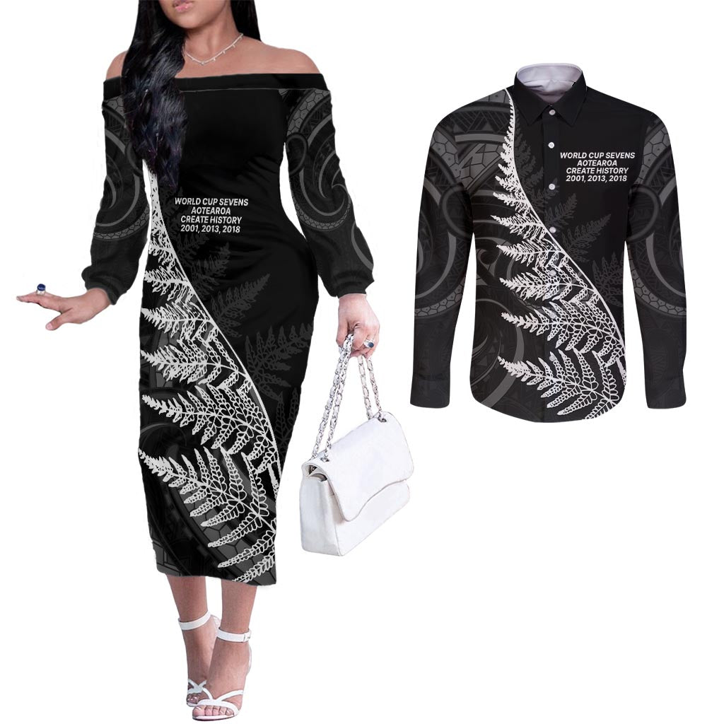 New Zealand Black Fern 7s Couples Matching Off The Shoulder Long Sleeve Dress and Long Sleeve Button Shirt History World Cup Sevens