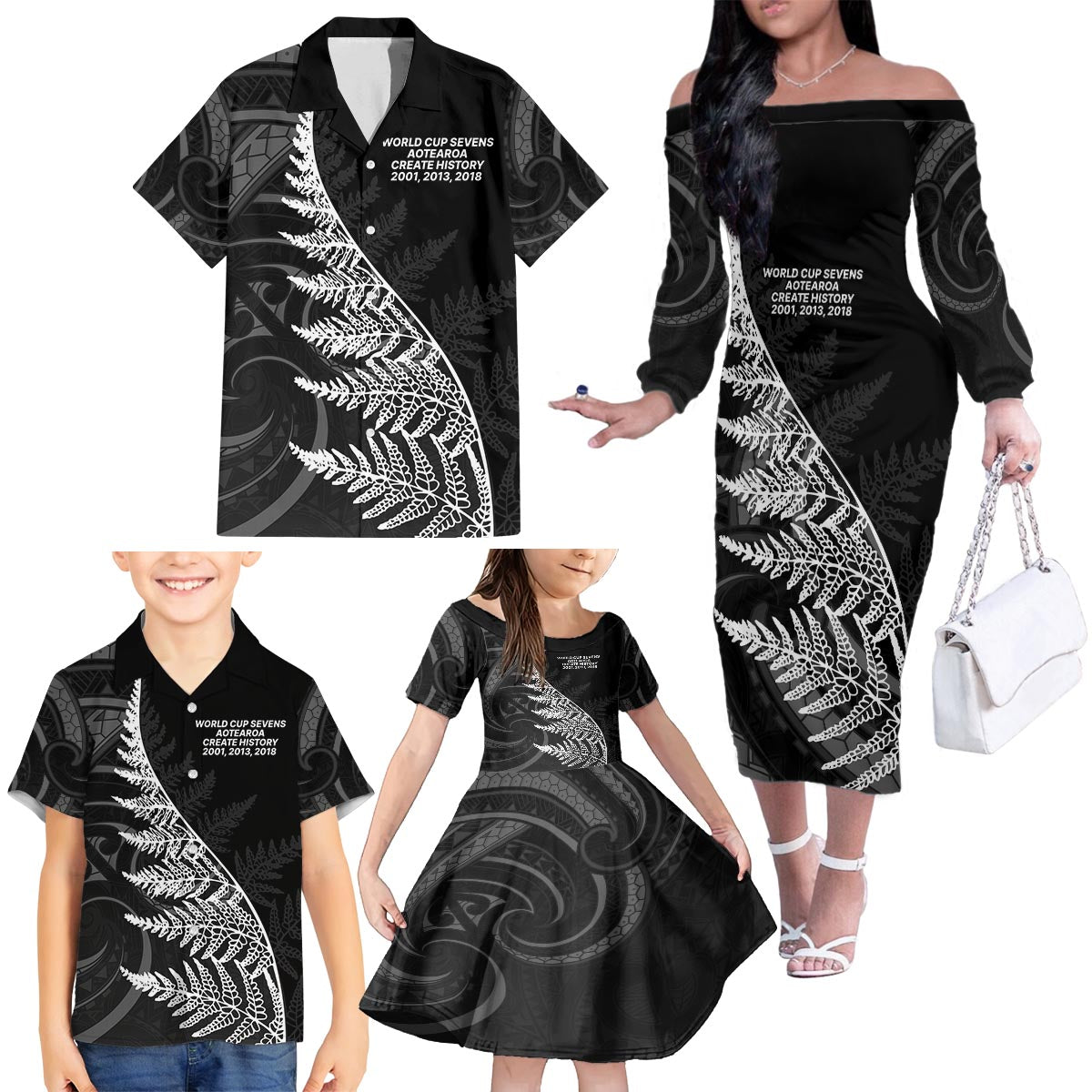 New Zealand Black Fern 7s Family Matching Off The Shoulder Long Sleeve Dress and Hawaiian Shirt History World Cup Sevens LT9 - Polynesian Pride