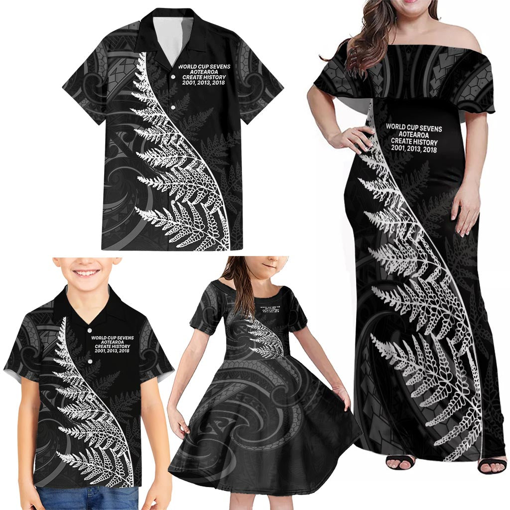 New Zealand Black Fern 7s Family Matching Off Shoulder Maxi Dress and Hawaiian Shirt History World Cup Sevens