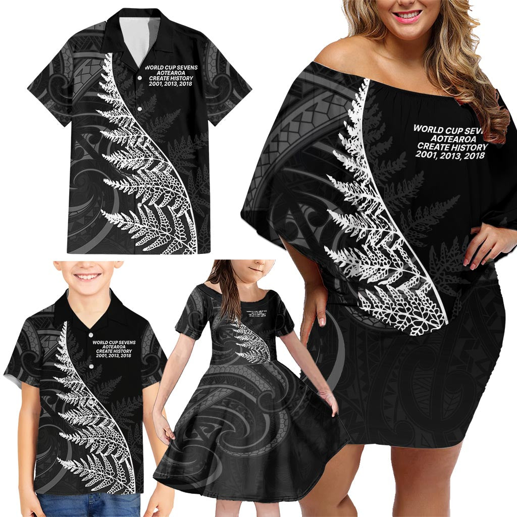 New Zealand Black Fern 7s Family Matching Off Shoulder Short Dress and Hawaiian Shirt History World Cup Sevens