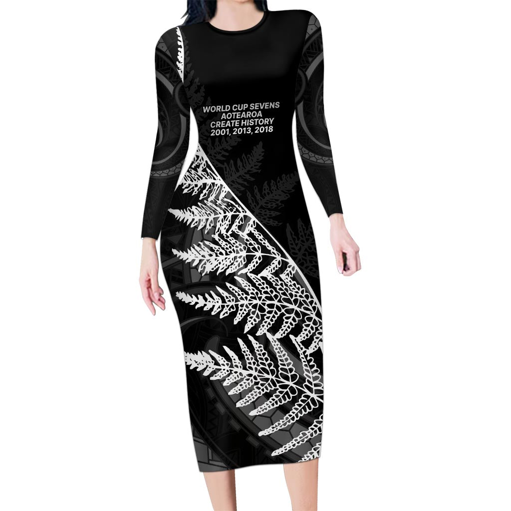 New Zealand Black Fern 7s Long Sleeve Bodycon Dress History World Cup Sevens