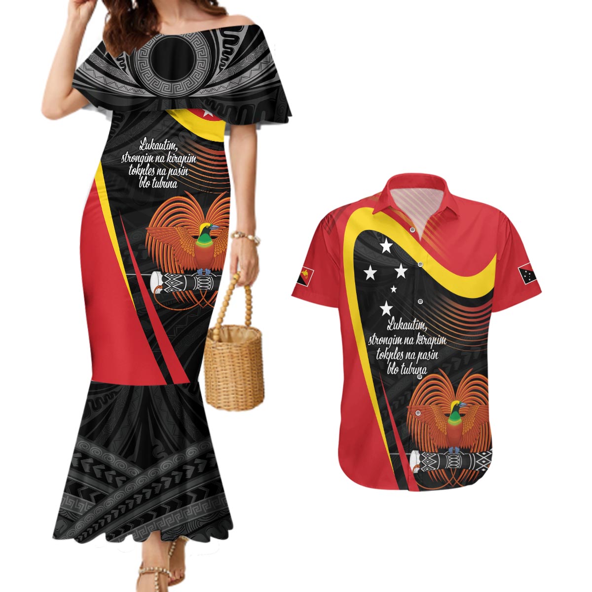 Personalised Papua Niugini Tok Pisin Wik Couples Matching Mermaid Dress and Hawaiian Shirt