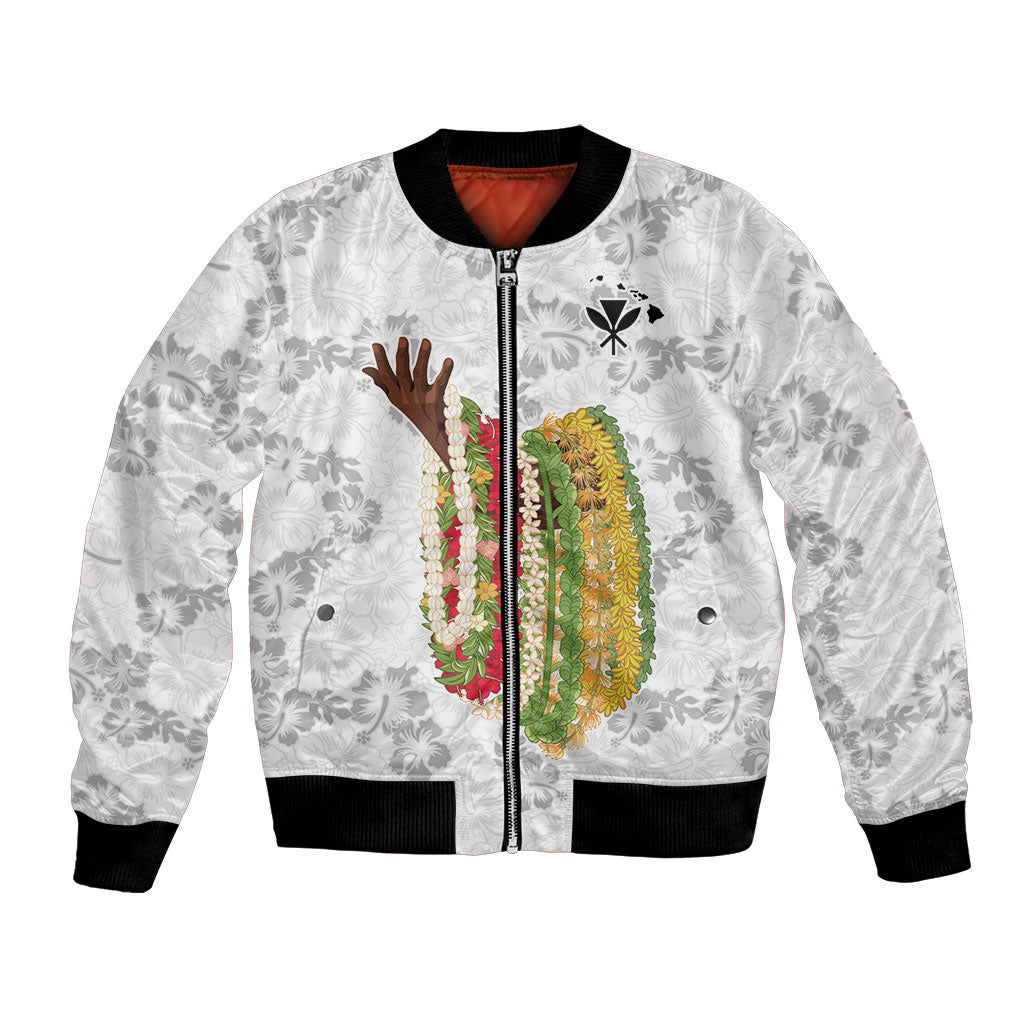 Hawaii Lei Kamehameha Bomber Jacket Ke'oke'o Seamless Pattern Hibiscus Flower LT9 Unisex White - Polynesian Pride