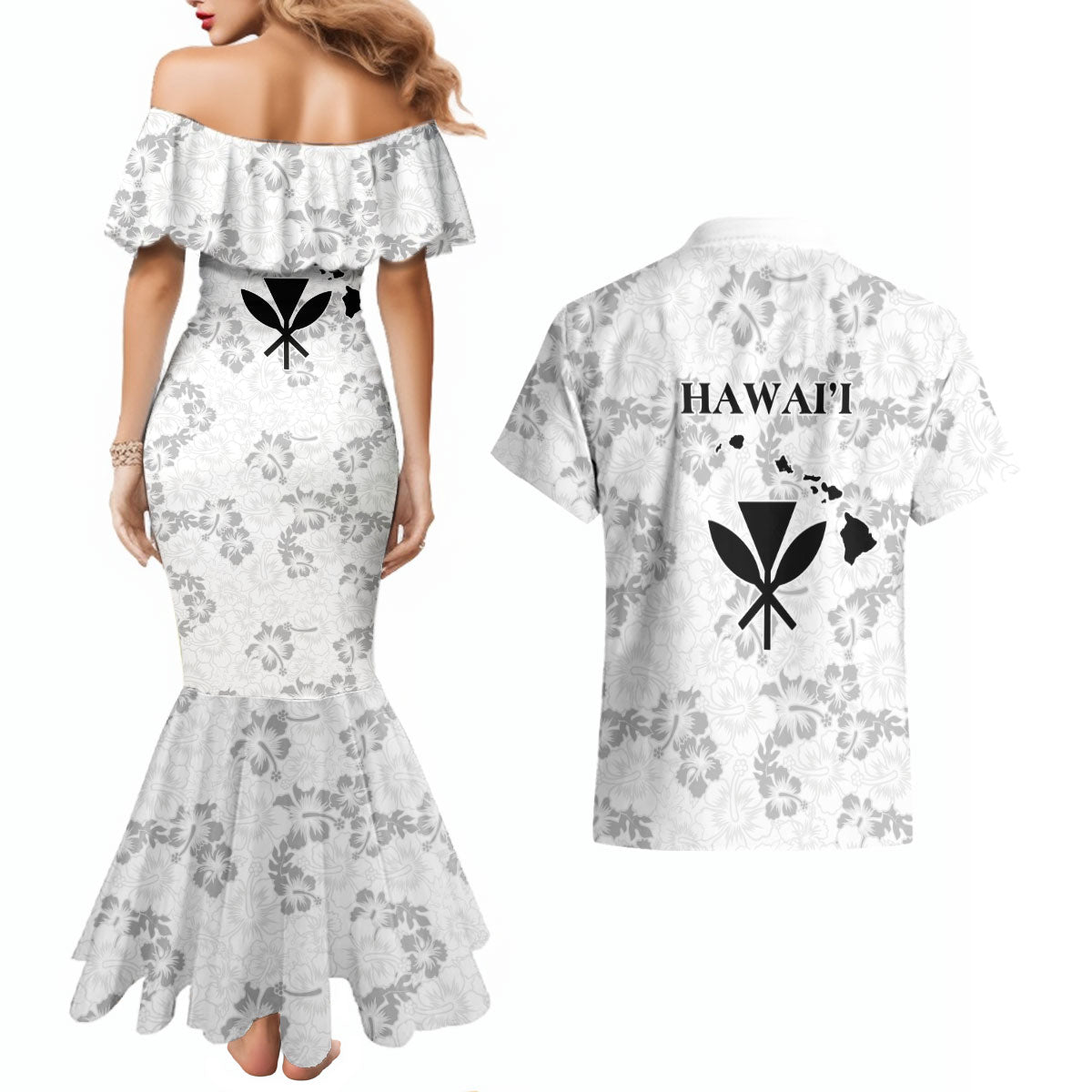 Hawaii Lei Kamehameha Couples Matching Mermaid Dress and Hawaiian Shirt Ke'oke'o Seamless Pattern Hibiscus Flower