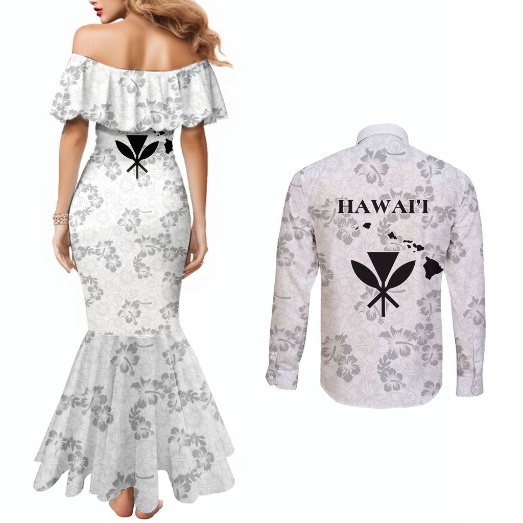 Hawaii Lei Kamehameha Couples Matching Mermaid Dress and Long Sleeve Button Shirt Ke'oke'o Seamless Pattern Hibiscus Flower