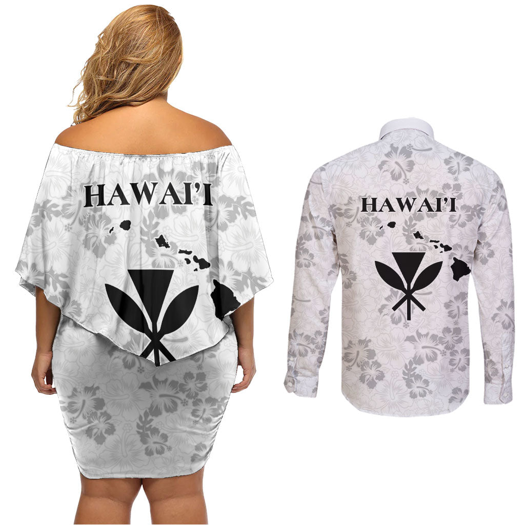 Hawaii Lei Kamehameha Couples Matching Off Shoulder Short Dress and Long Sleeve Button Shirt Ke'oke'o Seamless Pattern Hibiscus Flower