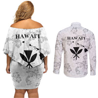 Hawaii Lei Kamehameha Couples Matching Off Shoulder Short Dress and Long Sleeve Button Shirt Ke'oke'o Seamless Pattern Hibiscus Flower