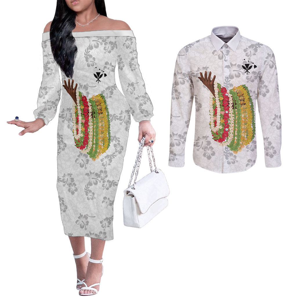 Hawaii Lei Kamehameha Couples Matching Off The Shoulder Long Sleeve Dress and Long Sleeve Button Shirt Ke'oke'o Seamless Pattern Hibiscus Flower LT9 White - Polynesian Pride