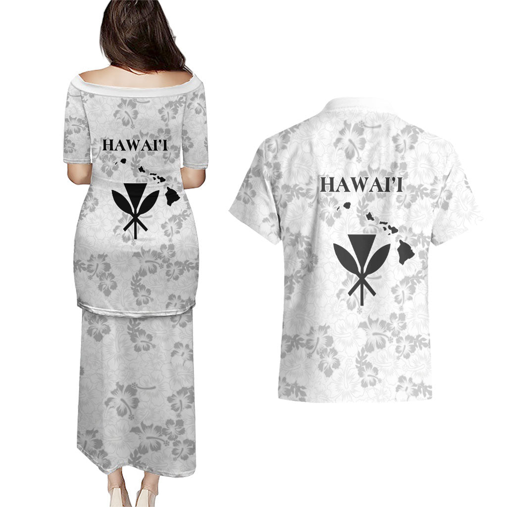 Hawaii Lei Kamehameha Couples Matching Puletasi and Hawaiian Shirt Ke'oke'o Seamless Pattern Hibiscus Flower