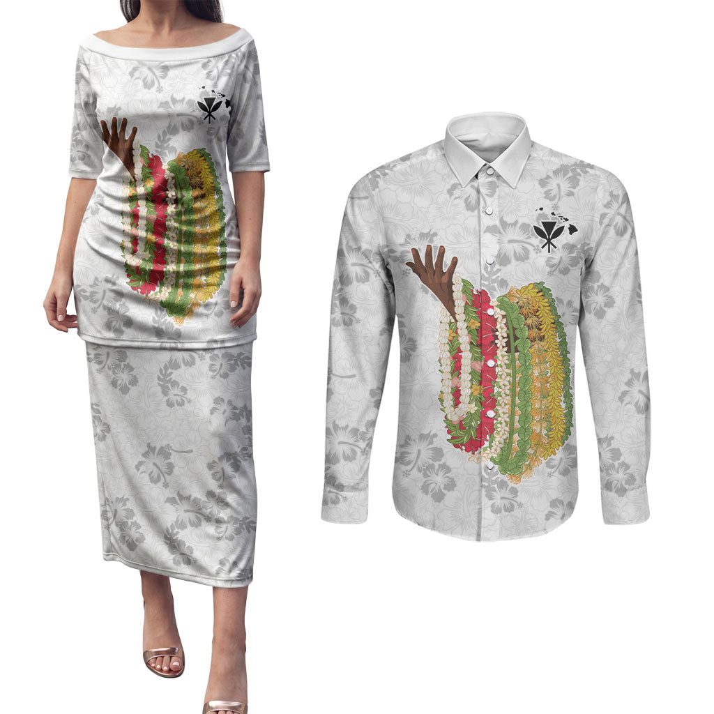 Hawaii Lei Kamehameha Couples Matching Puletasi and Long Sleeve Button Shirt Ke'oke'o Seamless Pattern Hibiscus Flower LT9 White - Polynesian Pride