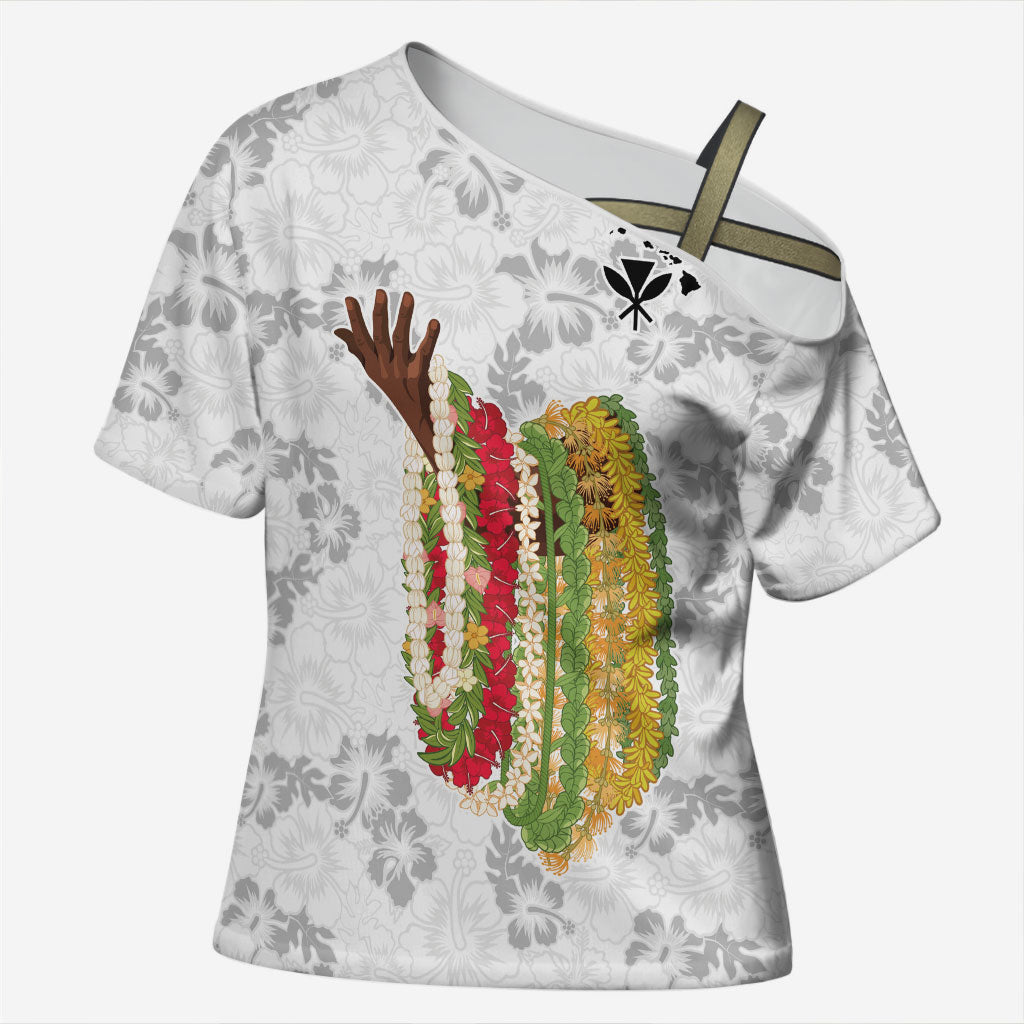 Hawaii Lei Kamehameha Cross Shoulder Shirt Ke'oke'o Seamless Pattern Hibiscus Flower LT9 Female White - Polynesian Pride