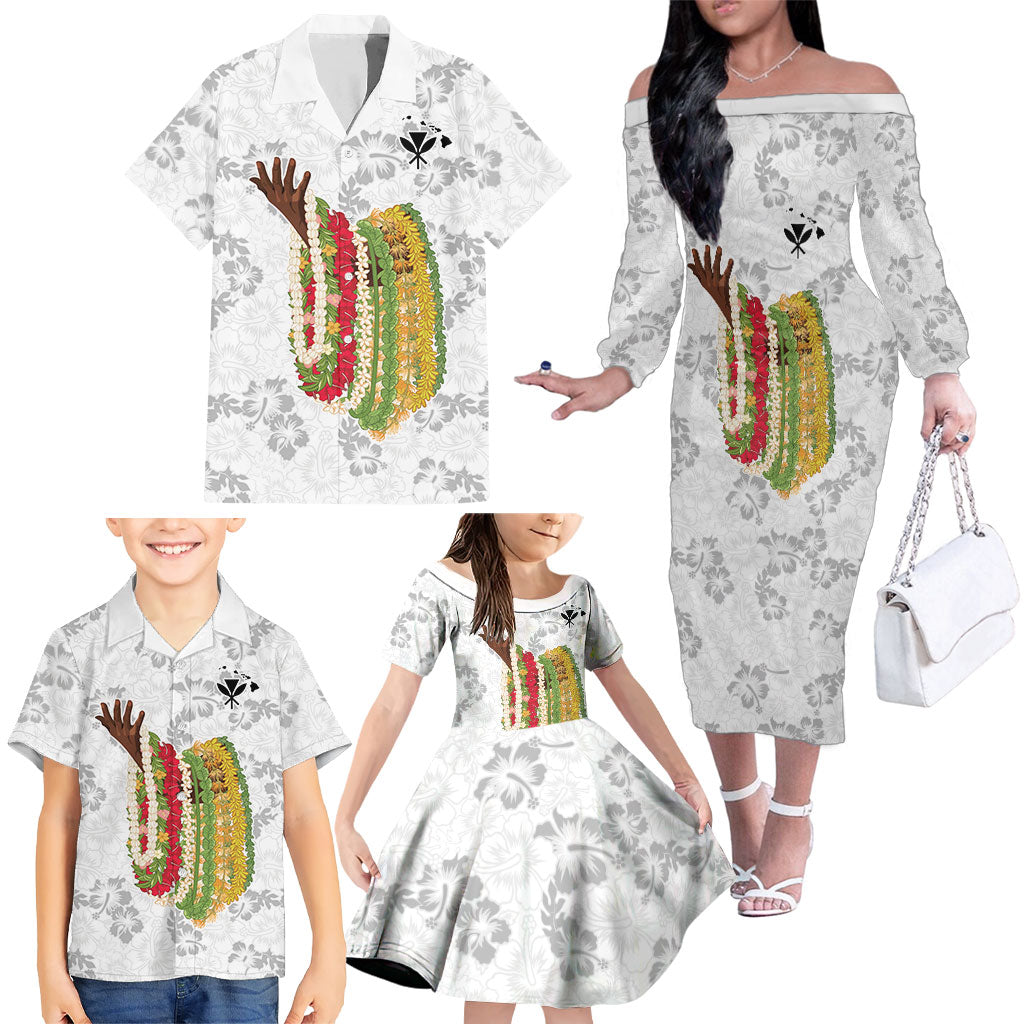Hawaii Lei Kamehameha Family Matching Off The Shoulder Long Sleeve Dress and Hawaiian Shirt Ke'oke'o Seamless Pattern Hibiscus Flower LT9 - Polynesian Pride