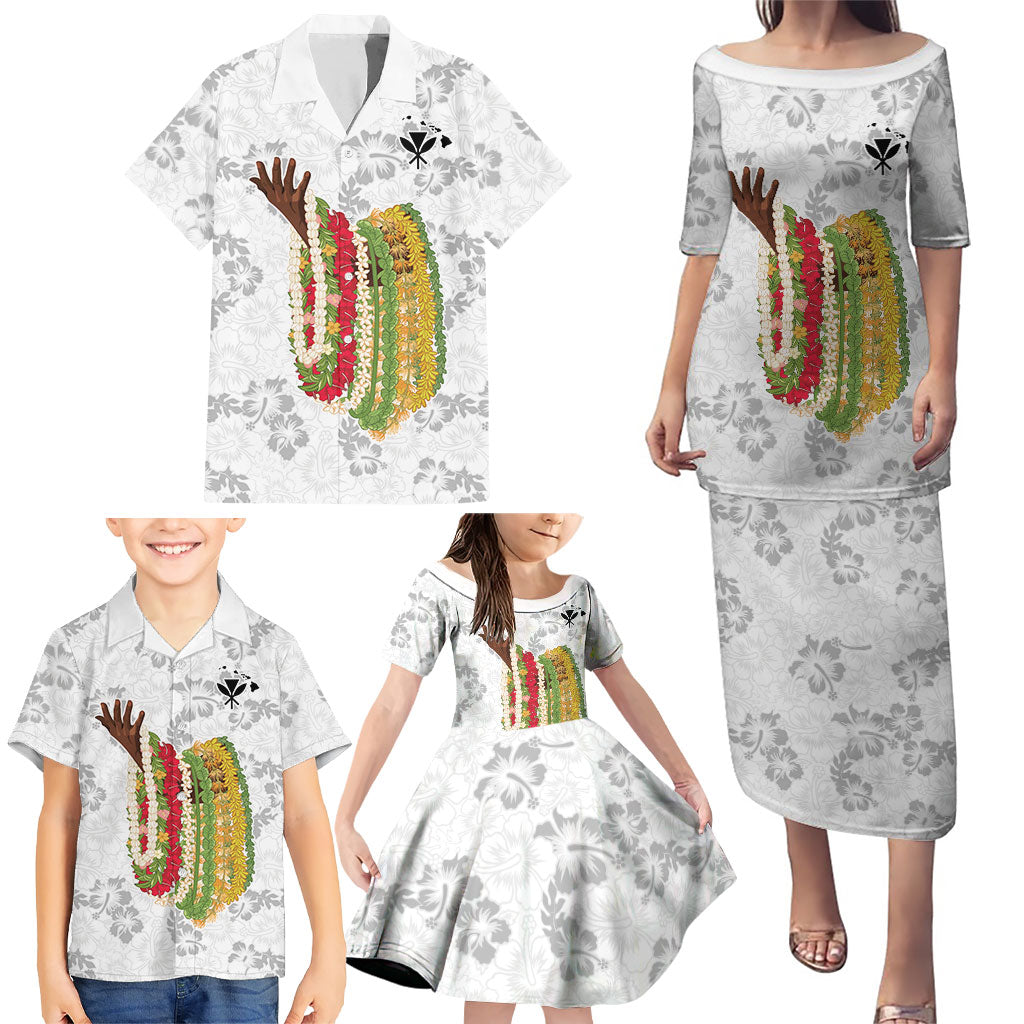 Hawaii Lei Kamehameha Family Matching Puletasi and Hawaiian Shirt Ke'oke'o Seamless Pattern Hibiscus Flower