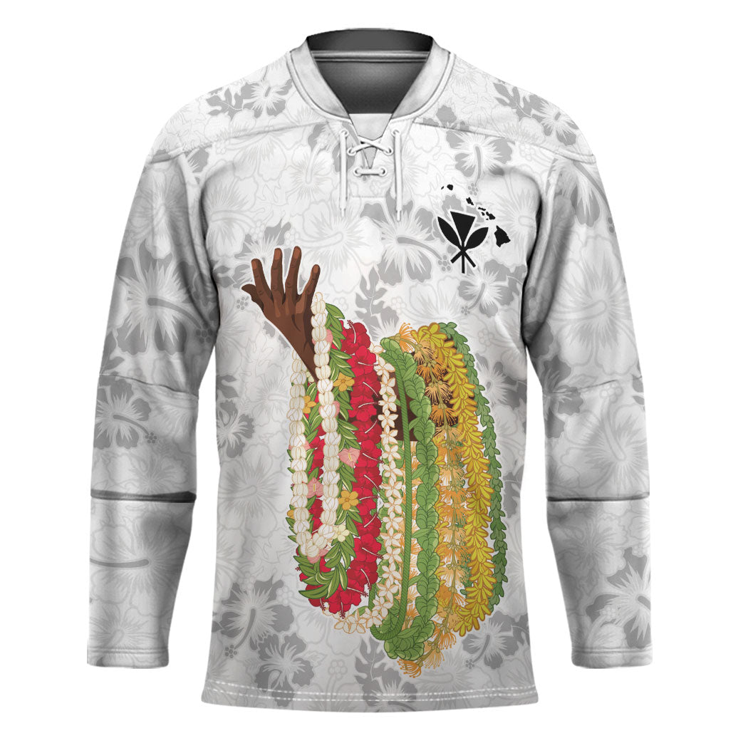 Hawaii Lei Kamehameha Hockey Jersey Ke'oke'o Seamless Pattern Hibiscus Flower LT9 Unisex White - Polynesian Pride
