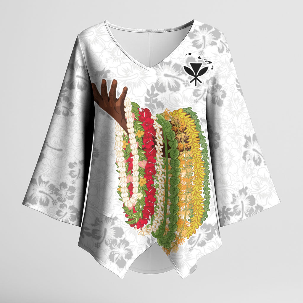 Hawaii Lei Kamehameha Kimono Sleeve Blouse Ke'oke'o Seamless Pattern Hibiscus Flower LT9 Female White - Polynesian Pride