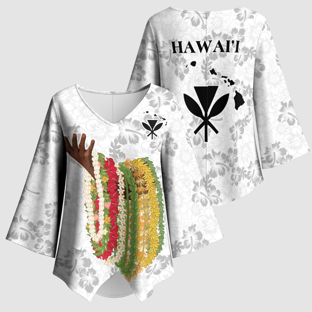 Hawaii Lei Kamehameha Kimono Sleeve Blouse Ke'oke'o Seamless Pattern Hibiscus Flower LT9 - Polynesian Pride