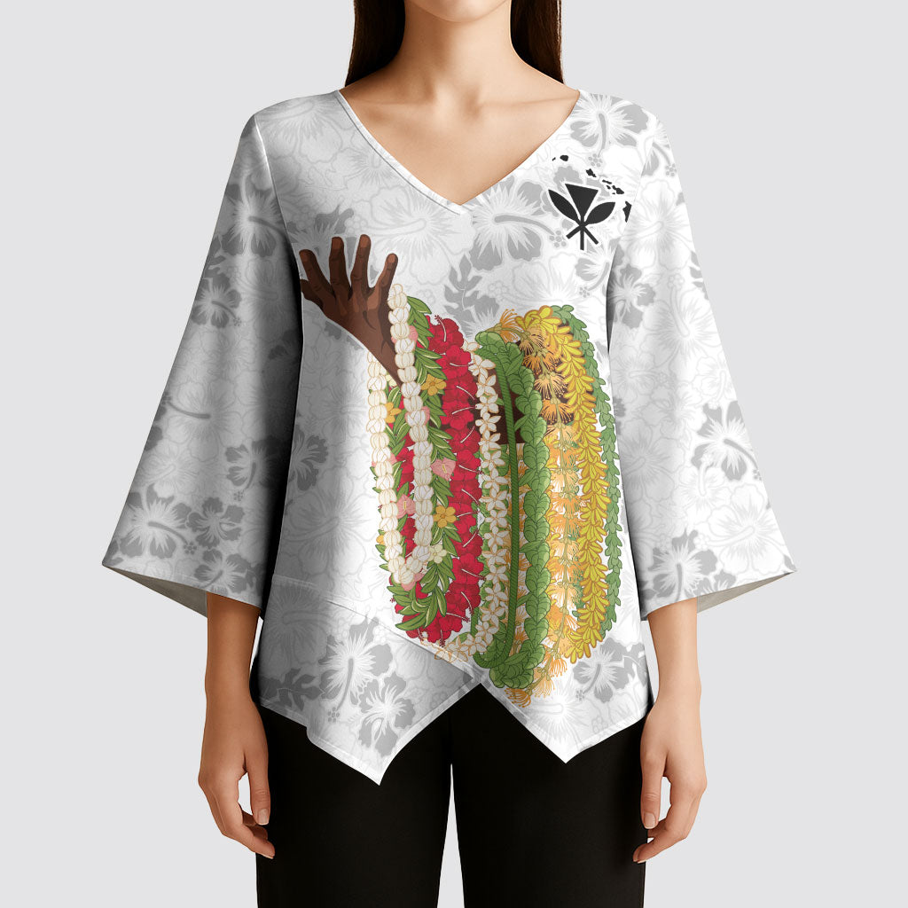 Hawaii Lei Kamehameha Kimono Sleeve Blouse Ke'oke'o Seamless Pattern Hibiscus Flower LT9 - Polynesian Pride