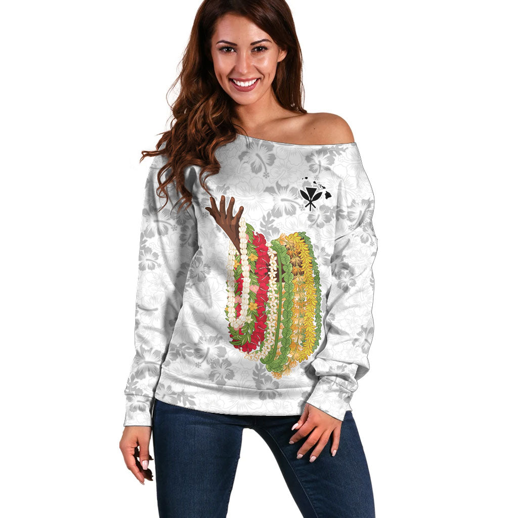 Hawaii Lei Kamehameha Off Shoulder Sweater Ke'oke'o Seamless Pattern Hibiscus Flower