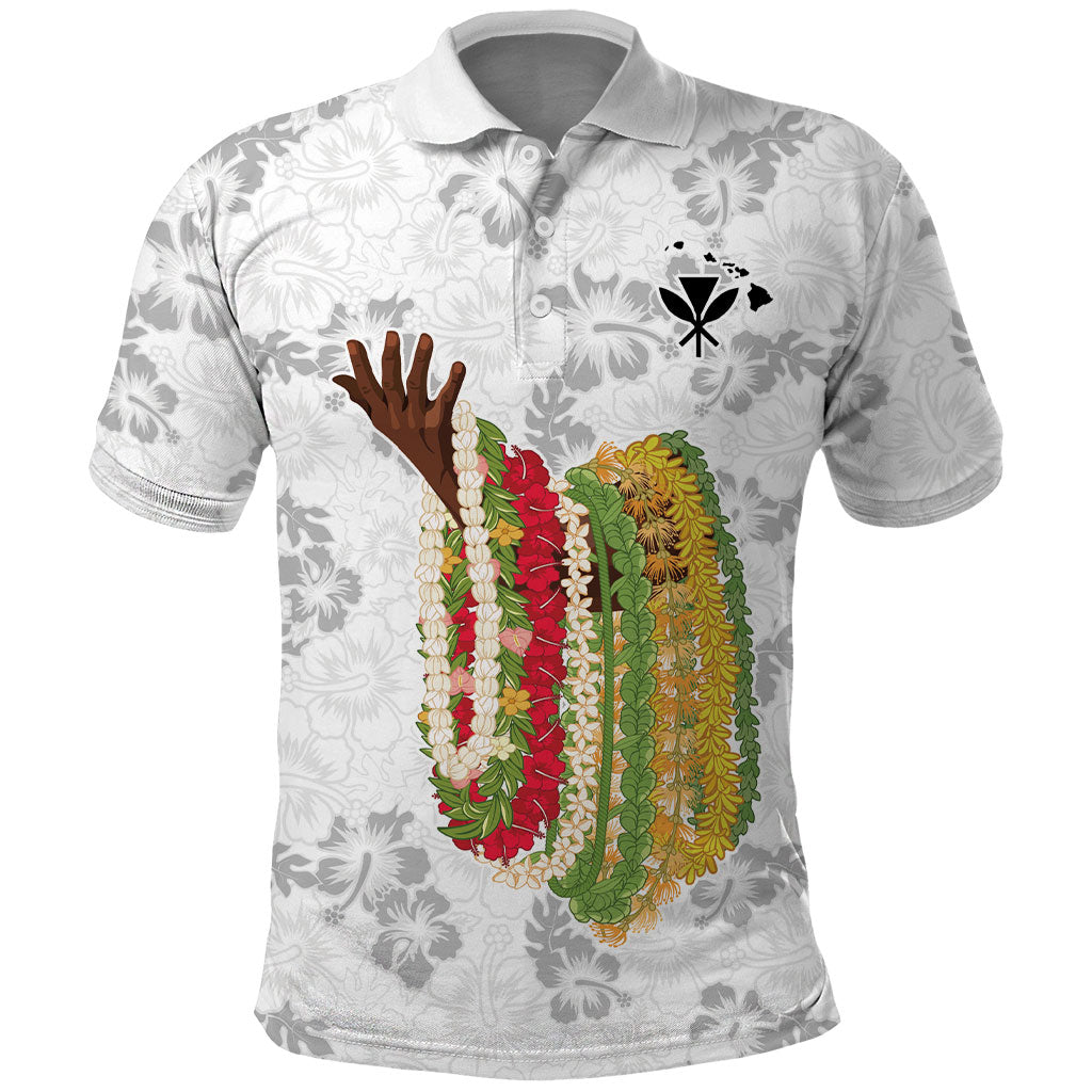 Hawaii Lei Kamehameha Polo Shirt Ke'oke'o Seamless Pattern Hibiscus Flower LT9 White - Polynesian Pride